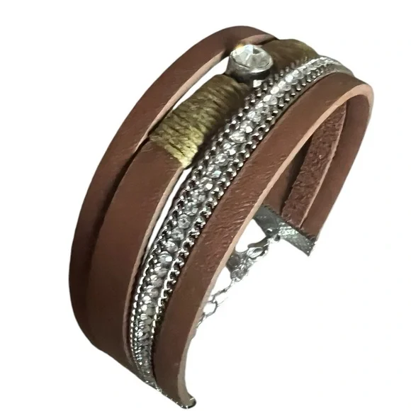 Brown Leather Wrap Bracelet with Crystal Accent - Picture 5 of 6